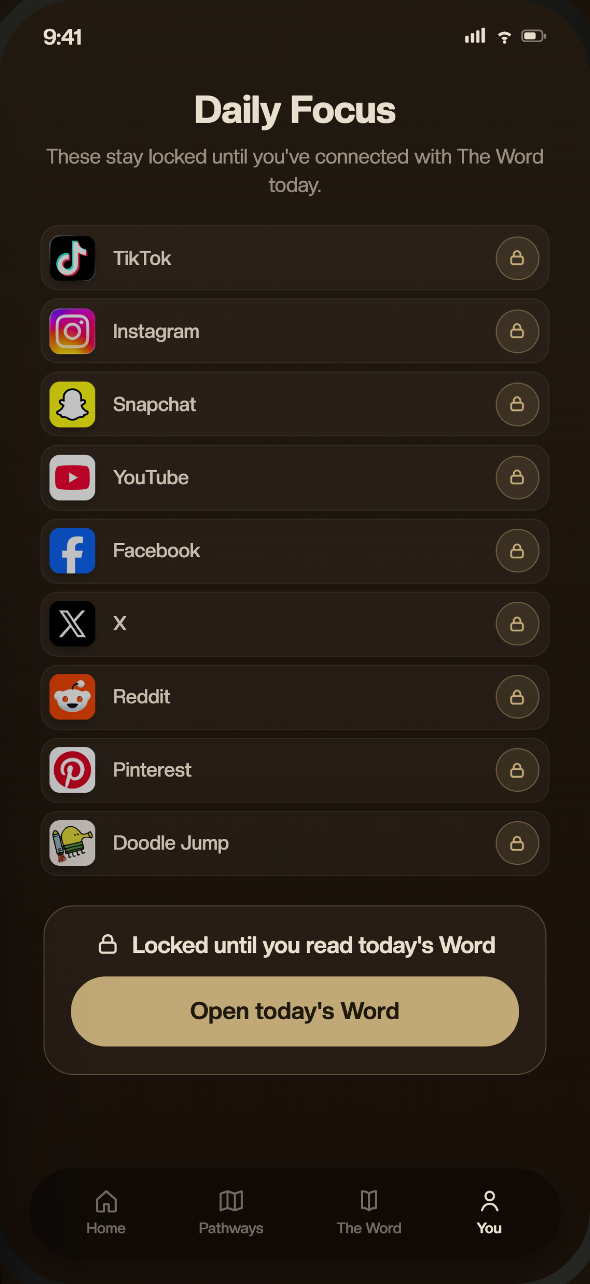 The Good Word Daily Focus screen with distracting apps locked until today's Word is opened