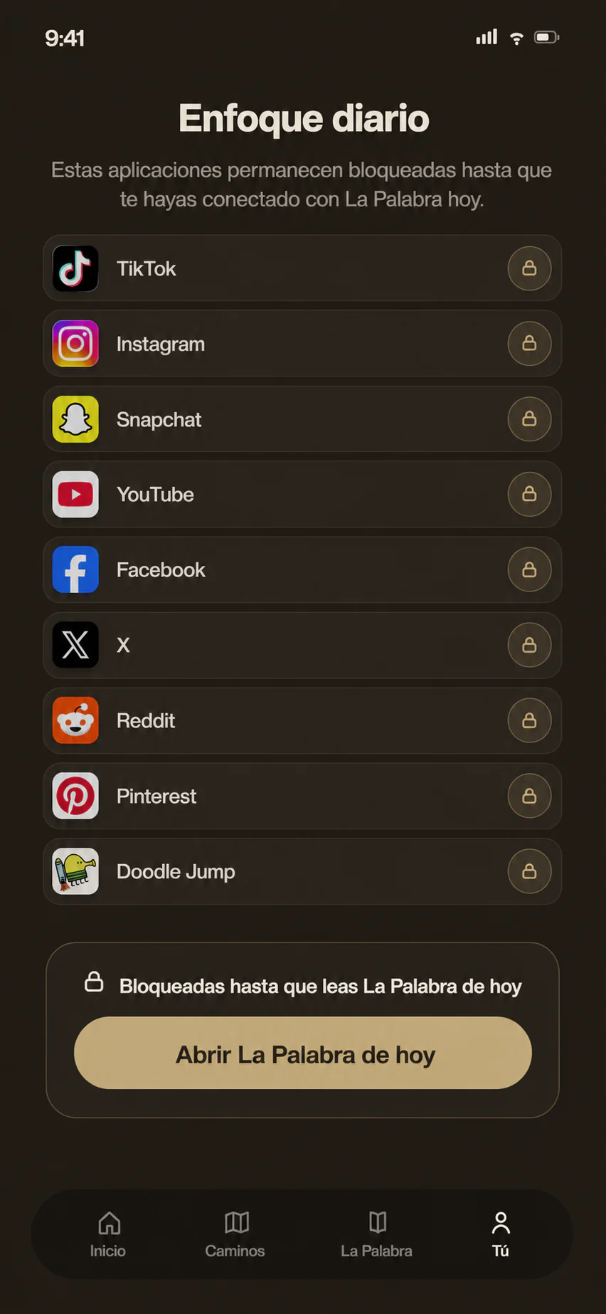 The Good Word Daily Focus screen with distracting apps locked until today's Word is opened