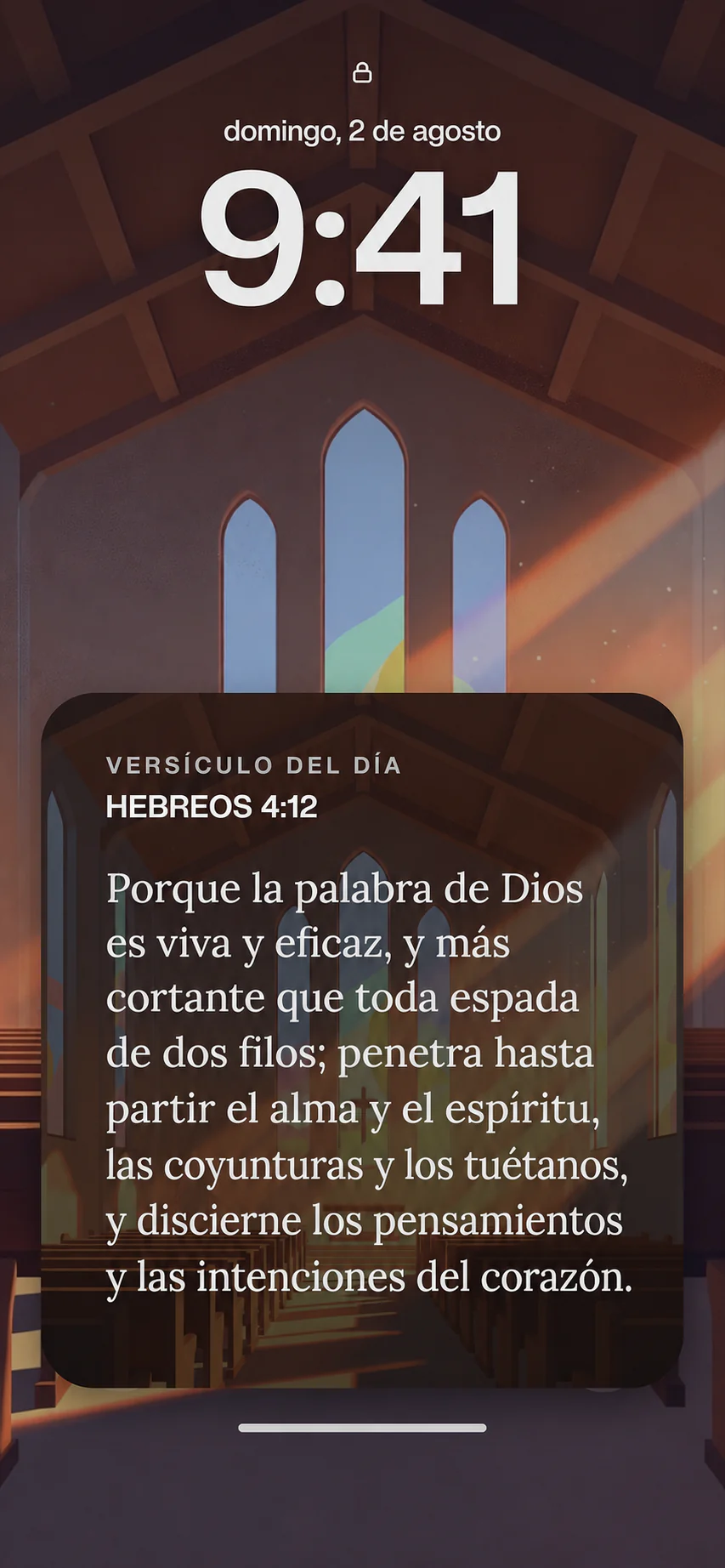 iOS lock screen with the Verse of the Day card: Hebrews 4:12
