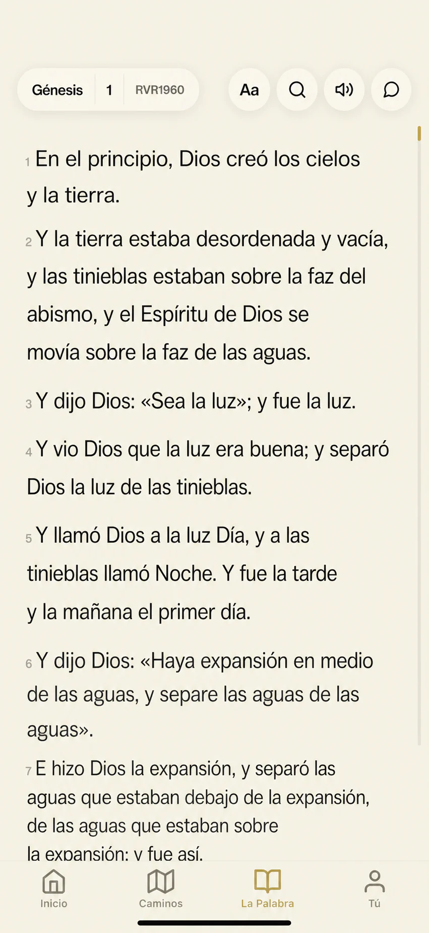 Scripture chapter reader with translation, font, search, audio, and chat tools