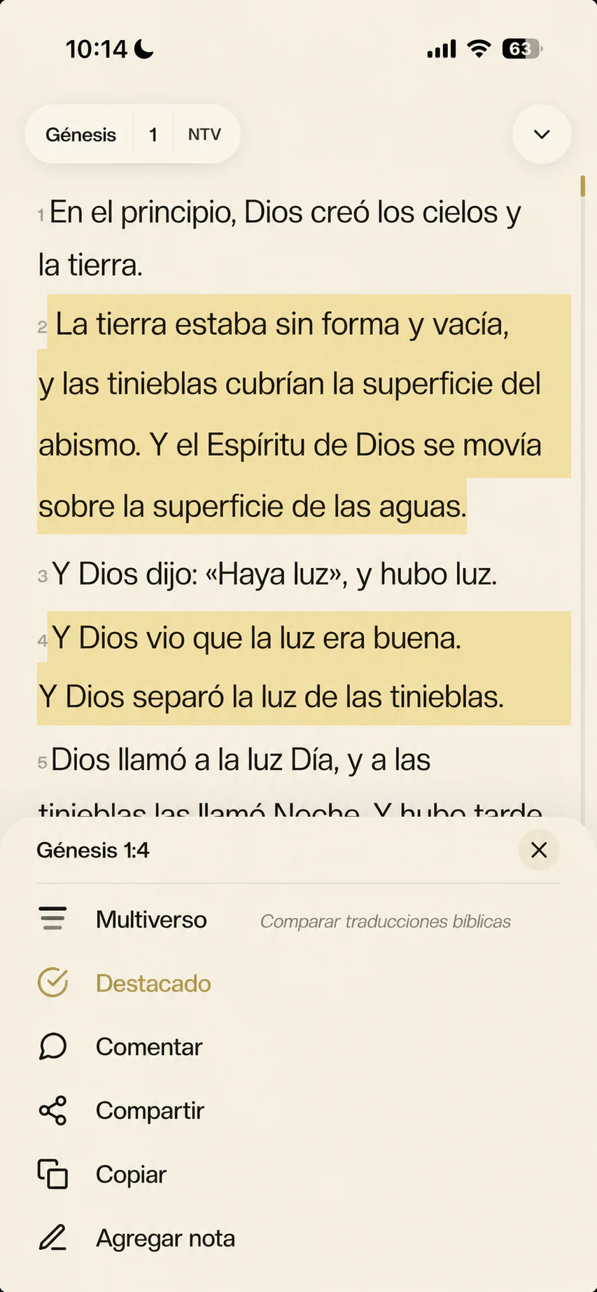 Genesis chapter view with verse tools: multiverse compare, highlight, discuss, share, copy, add note