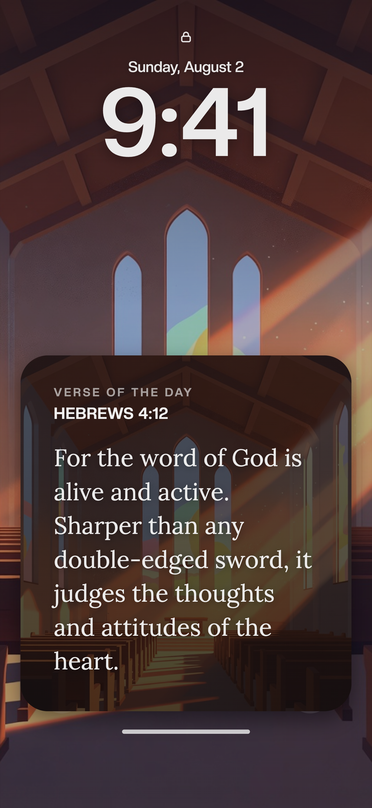 iOS lock screen with the Verse of the Day card: Hebrews 4:12
