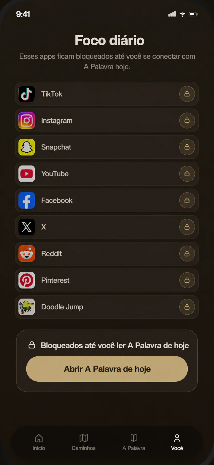 The Good Word Daily Focus screen with distracting apps locked until today's Word is opened