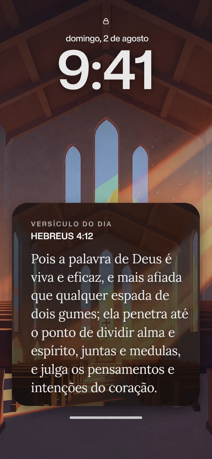 iOS lock screen with the Verse of the Day card: Hebrews 4:12