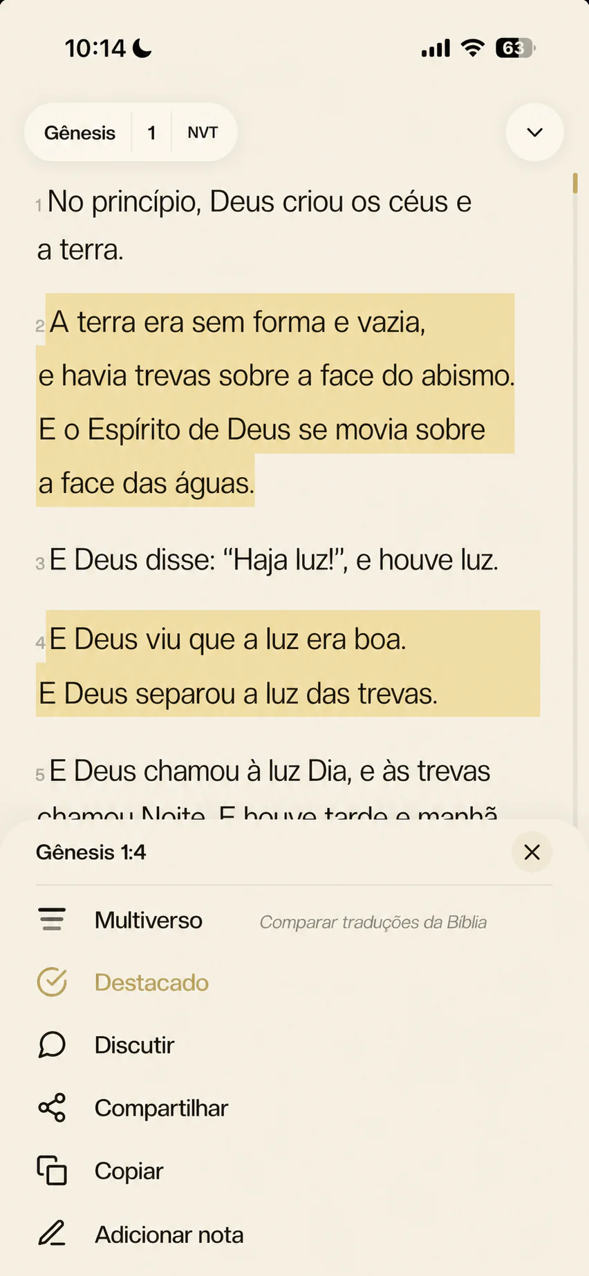 Genesis chapter view with verse tools: multiverse compare, highlight, discuss, share, copy, add note