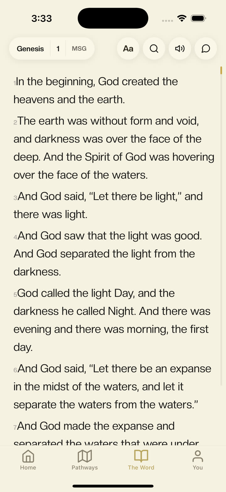 Scripture chapter reader with translation, font, search, audio, and chat tools