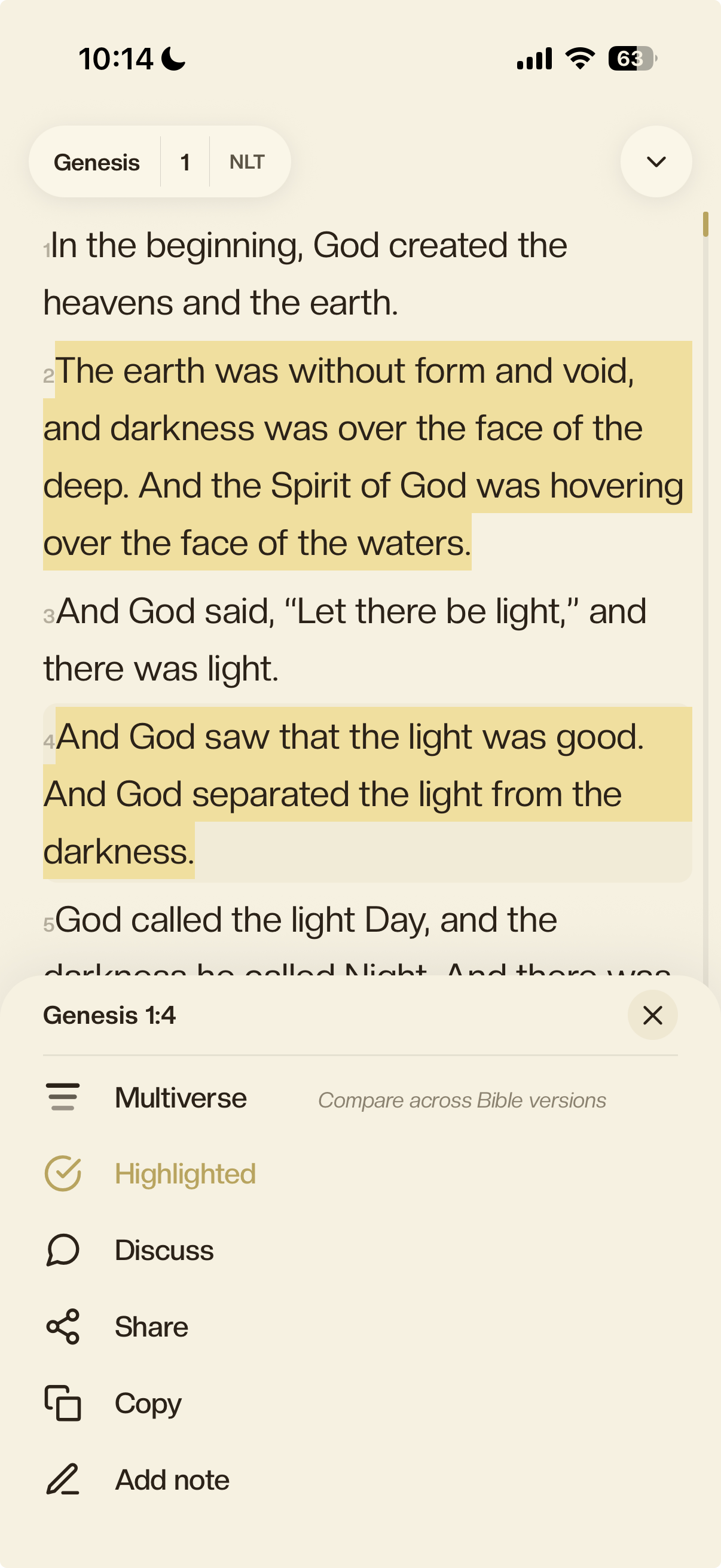 Genesis chapter view with verse tools: multiverse compare, highlight, discuss, share, copy, add note